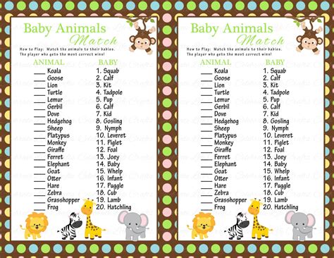 Baby Shower Baby Animals Match Game DIY Printable Match