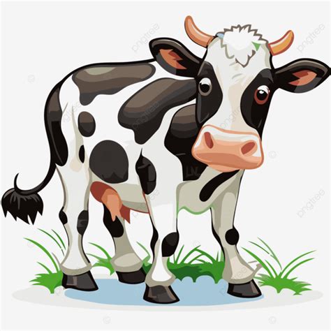 Cow Cartoon Vector, Sticker Clipart Cartoon Cow Is Standing On The Grass, Sticker, Clipart PNG ...