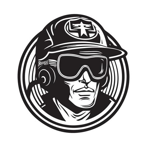 Vector illustration of a fireman head with helmet and goggles in vintage style, mascot logo ...