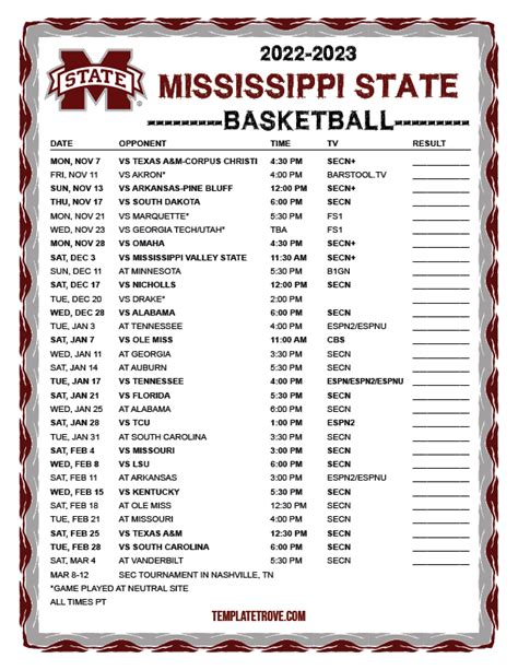 Printable 2022-2023 Mississippi State Bulldogs Basketball Schedule