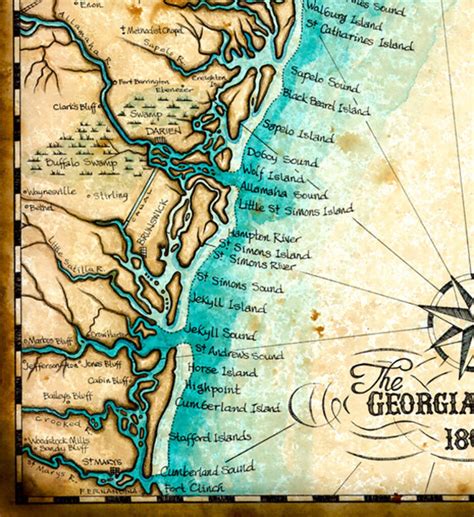 Georgia Coast Map Art C 1865 11 X 14 Hand Etsy | Beach Map