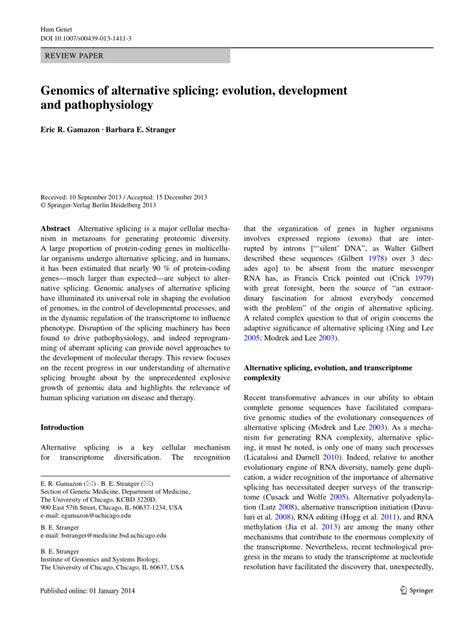 (PDF) Genomics of alternative splicing: Evolution, development and pathophysiology