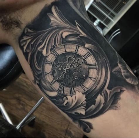 Black and Grey Realistic Clock and Filigree tattoo by Alex Arango at Dark Age Tattoo Studio in ...