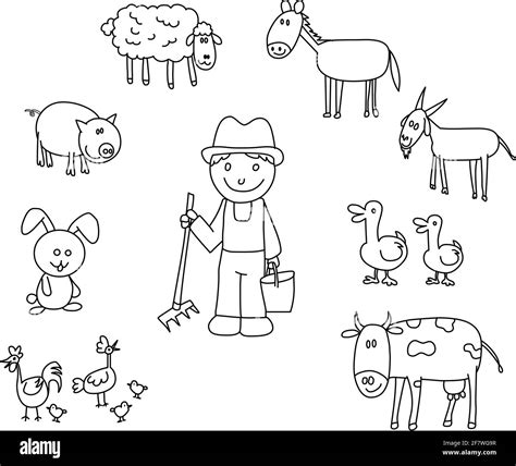 Farmer with farm animals black line drawing cartoon illustration Stock Vector Image & Art - Alamy