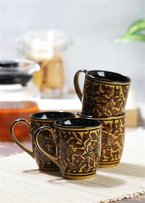 Get Hand Painted Brown Mughal Ceramic Tea/ Coffee Mugs Set of Four at ₹ 669 | LBB Shop