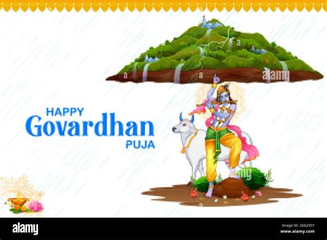 illustration of Lord Krishna lifting Govardhan mountain on Govardhan Puja festival background of ...