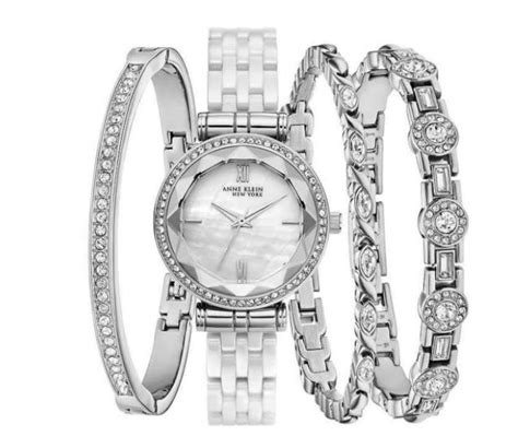 Anne Klein Ladies Crystal Accented White Silver-Tone Watch w/ Bracelets - The Resale Source