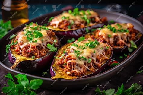 Premium AI Image | Baked Stuffed Eggplant with Meat and Cheese