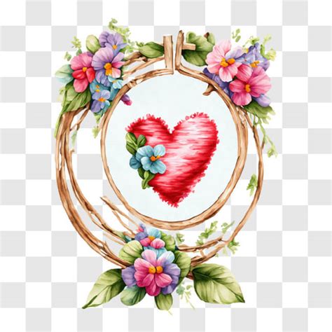 Download Rustic Heart-Shaped Wooden Frame with Embroidery and Flowers PNG Online - Creative Fabrica