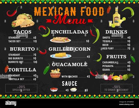 Mexican food menu, Mexico cuisine burritos and tacos bar dishes, vector ...