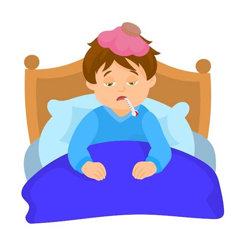 Sick boy in bed with a thermometer in mouth | Premium Vector