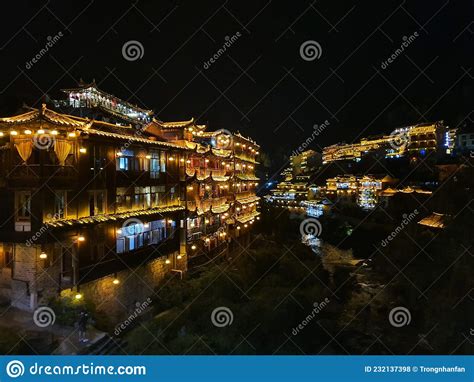 Furong Ancient Town Illuminated at Night. Amazing Beautiful Landscape ...