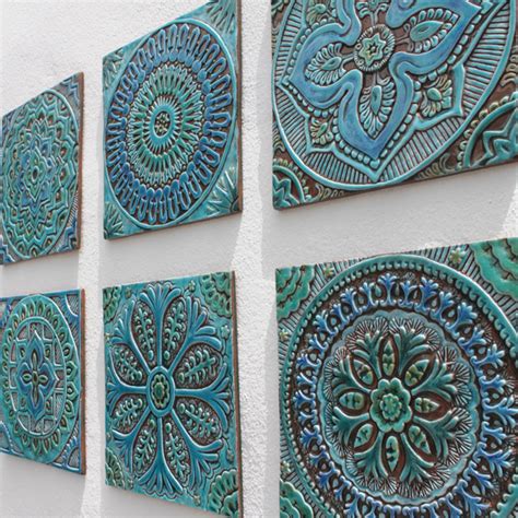 Set of 6 Turquoise Ceramic Decorative Wall Tiles -Wall Art (30cm each)