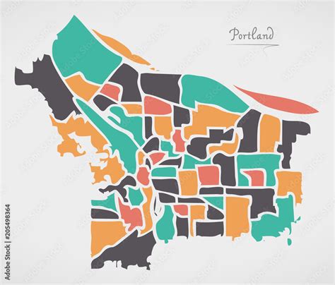 Portland Oregon Map with neighborhoods and modern round shapes Stock Vector | Adobe Stock