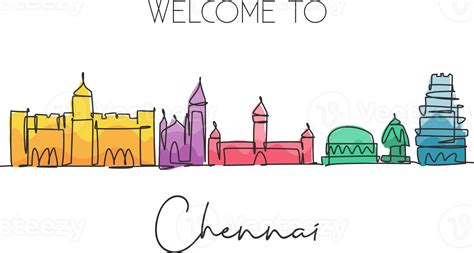 Single continuous line drawing of Chennai city skyline, India. Famous ...