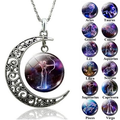 12 Constellation Necklace Zodiac Signs Cabochon Glass Crescent Moon Pendant Clavicle Chain ...