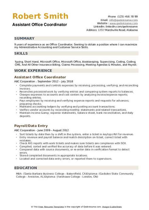 Office Coordinator Resume Samples | QwikResume