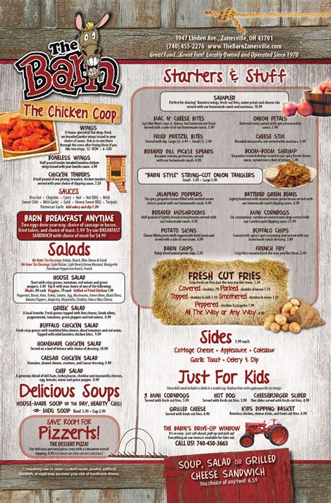 The Barn menu in Zanesville, Ohio, USA