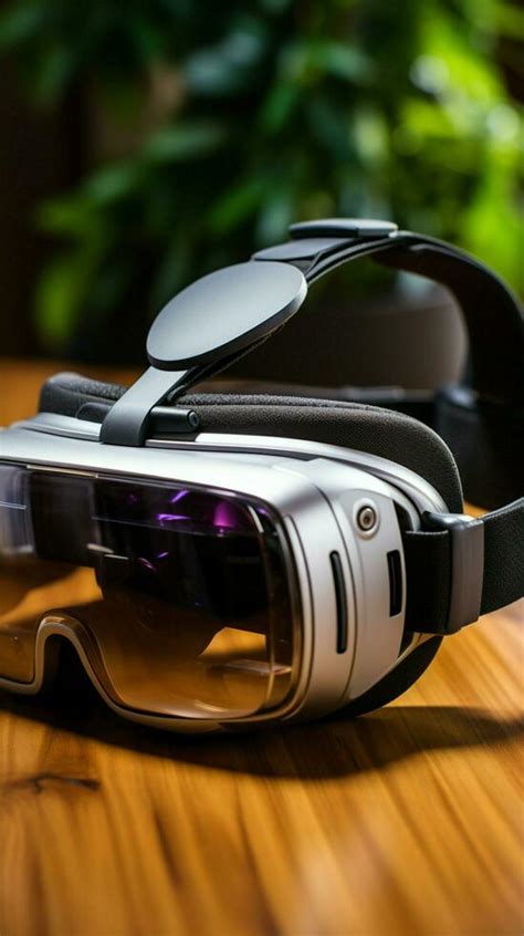 Digital harmony on wood VR glasses adorn the desk with technological ...