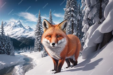 Premium Photo | A fox in the snow with a snowy mountain in the background