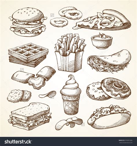 Set With Fast Food Illustration. Sketch Vector Illustration. Fast Food Restaurant, Fast Food ...