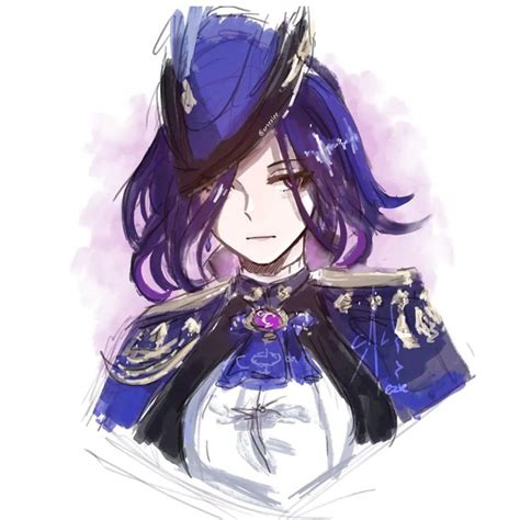 a drawing of a woman with purple hair wearing a blue outfit and hat, standing in front of a ...