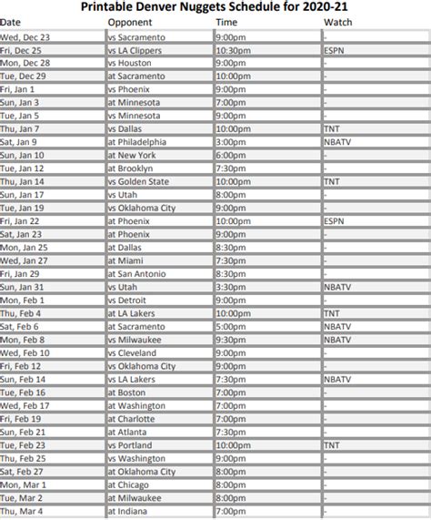 Printable Denver Nuggets schedule, TV schedule for 2020-21 season ...