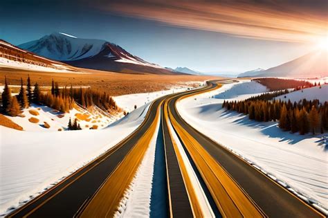 Premium AI Image | A highway with snow on the mountains in the background