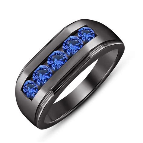 Black Gold Plated 925 Silver Five Stone Blue Sapphire Mens Anniversary ...