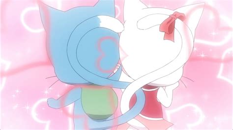 two cartoon characters hugging each other in front of a pink and blue ...