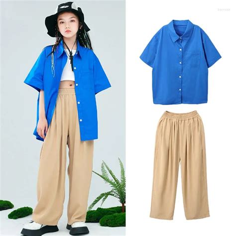 2023 Hip Hop Stage Wear Shirts For Girls And Boys Loose Fit Khaki Pants ...