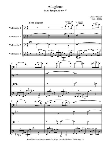 Mahler, Gustav - Adagietto from Symphony No.5 for Cello Quartet - Free Sheet music for Cello ...