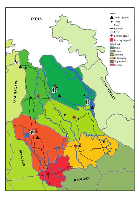 1: An overview map of the Nilphamari district showing several ...