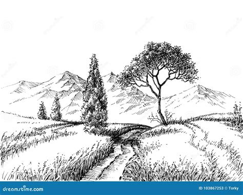 Dessin Au Crayon De Paysage De Champ Illustration de Vecteur - Illustration du horizontal ...