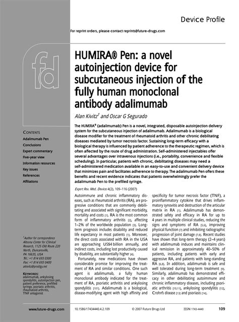 (PDF) HUMIRA (R) Pen: a novel autoinjection device for subcutaneous injection of the fully human ...