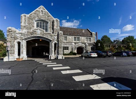 Stone building of Madison, New Jersey Train Station on sunny bright ...