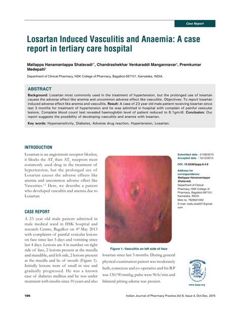 (PDF) Losartan Induced Vasculitis and Anaemia: A case report in tertiary care hospital