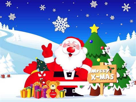 Download Christmas Cartoon Santa Claus By The Christmas Tree Wallpaper | Wallpapers.com