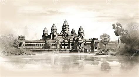 Angkor Wat Cambodia Illustration in Black and White Pencil Sketch ...