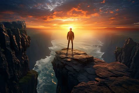 Man standing on the edge of a cliff and looking at the sunset, rear ...