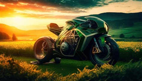 Premium Photo | A green motorcycle in a field with mountains in the background