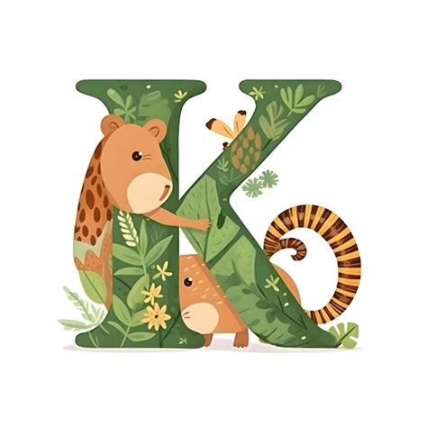 Cute letter K with jungle animals and leaves Vector illustration ...