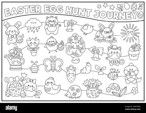 Vector black and white Easter egg hunt journey game with holiday symbols. Line kawaii spring ...