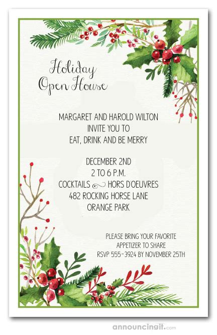 Watercolor Mistletoe & Berries Holiday Christmas Party Invitations