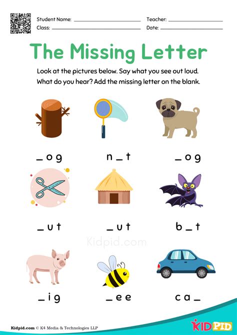 Colorful English Spelling Missing Letter Activity Printable Worksheet - Kidpid