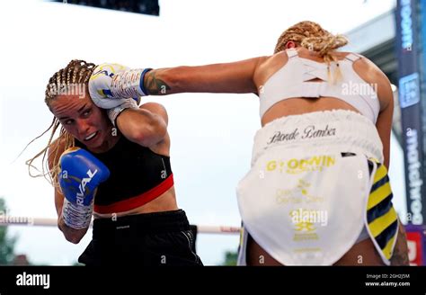 Mailys Gangloff (left) and Ebanie Bridges in their International Bantamweight contest during the ...