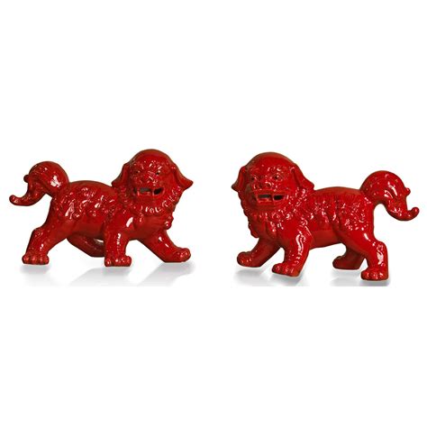 Red Porcelain Standing Foo Dog Set