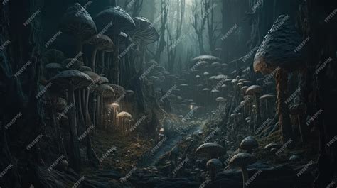 Premium AI Image | A dark forest with mushrooms on the ground