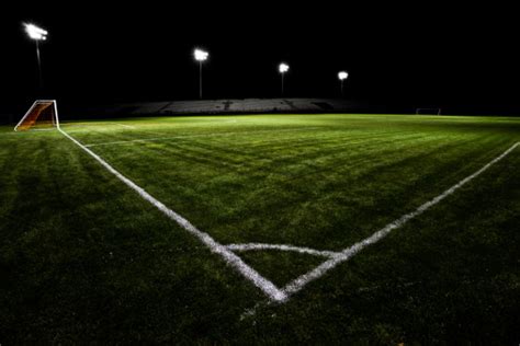 Empty Soccer Field With Floodlights At Night Stock Photo - Download ...