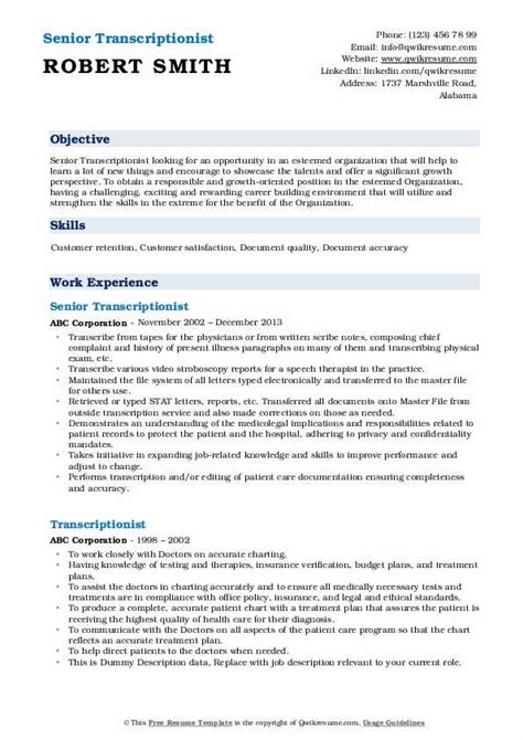 Transcriptionist Resume Samples | QwikResume